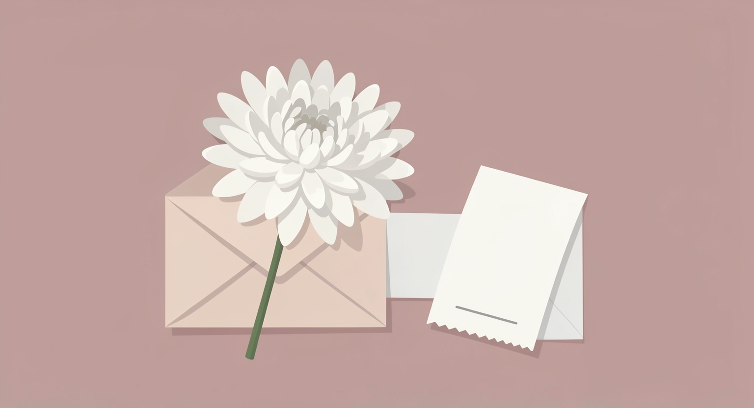 白い菊の花と封筒、レシートを添えた、葬儀費用の精算を表す落ち着いたイラスト